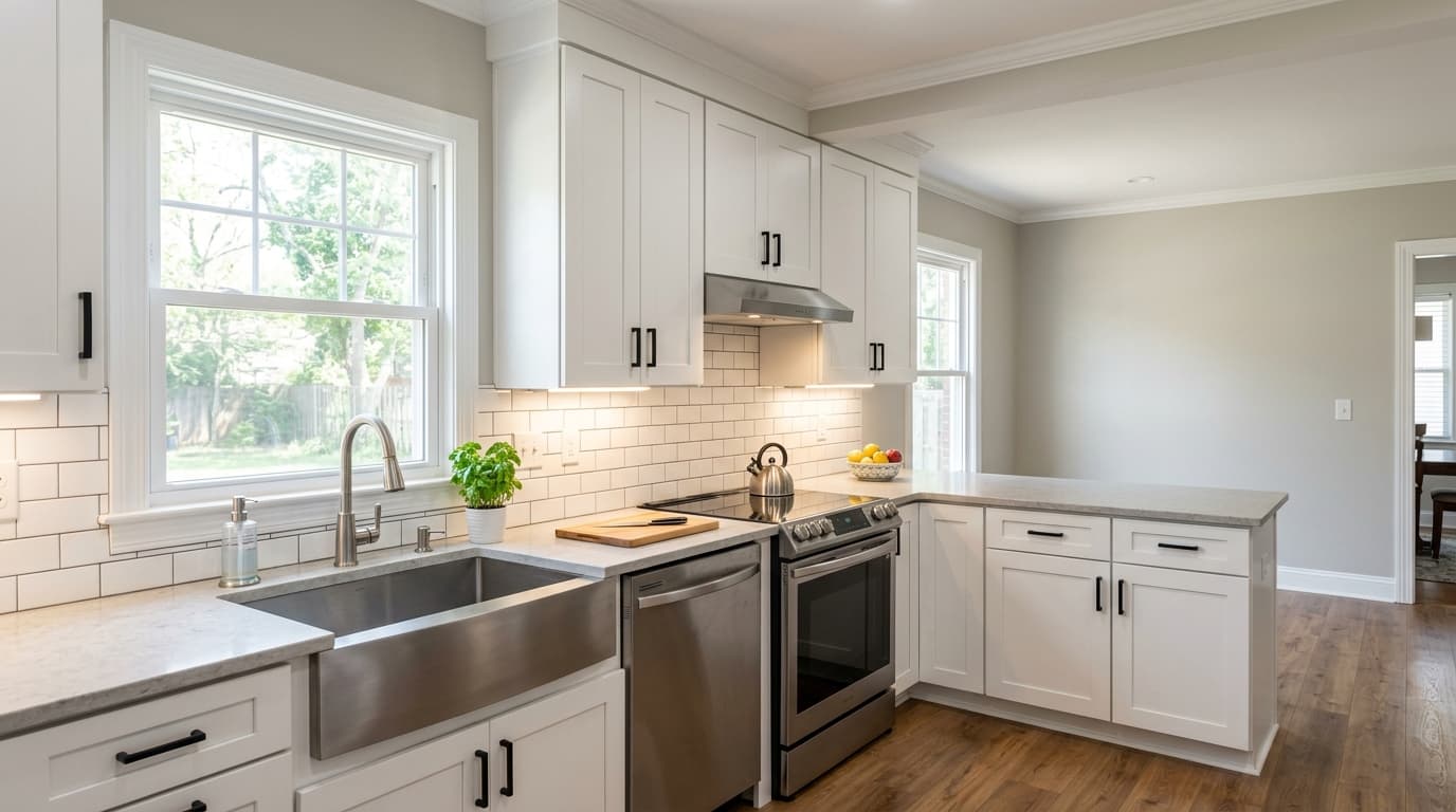 Renovated kitchen with white cabinets, subway tile backsplash, and new flooring