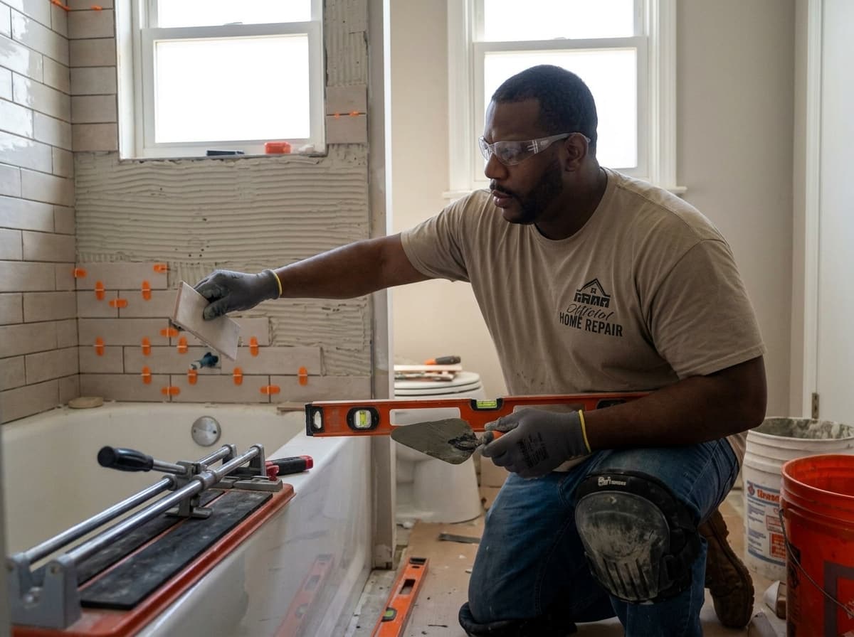 Marcus Hemingway installing tile on a bathroom remodel