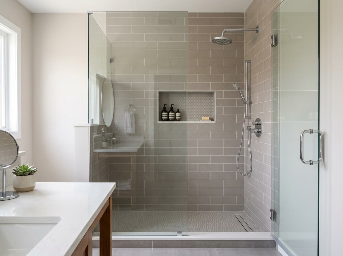 Custom tiled walk-in shower with glass door and black fixtures